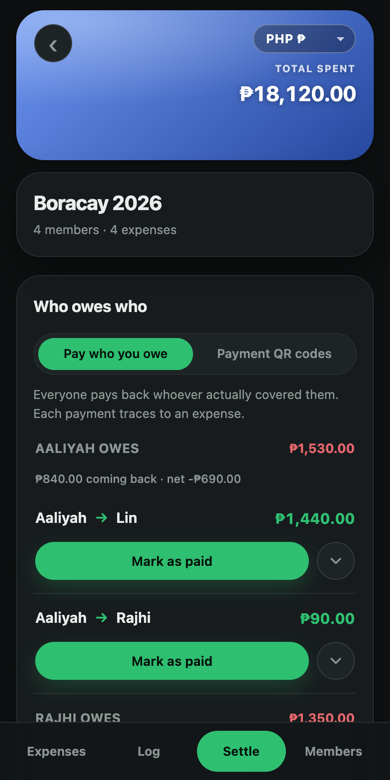 Owlsplit on a phone: who paid, and who owes whom after a trip